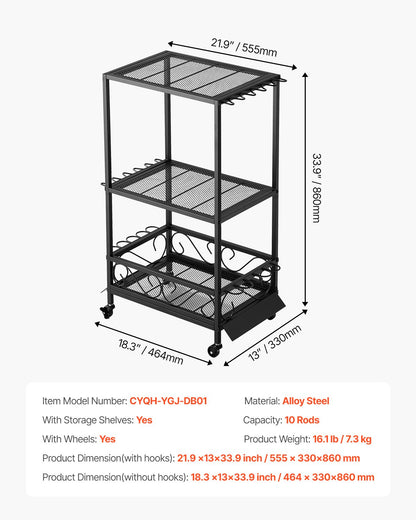 Fiskespöhållare för 10 spön, mobil spövagn med hjul, fiskeredskapsorganisatör för garage, inomhusbruk, för fiskeredskapslåda, förvaring av rulltillbehör, presenter till män