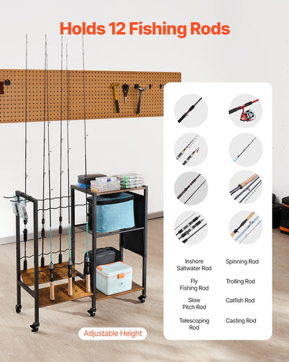 Fiskespöhållare för 12 spön, mobil spövagn med hjul, fiskeredskapsorganisatör för garage, inomhusbruk, för fiskeredskapslåda, förvaring av rulltillbehör, presenter till män