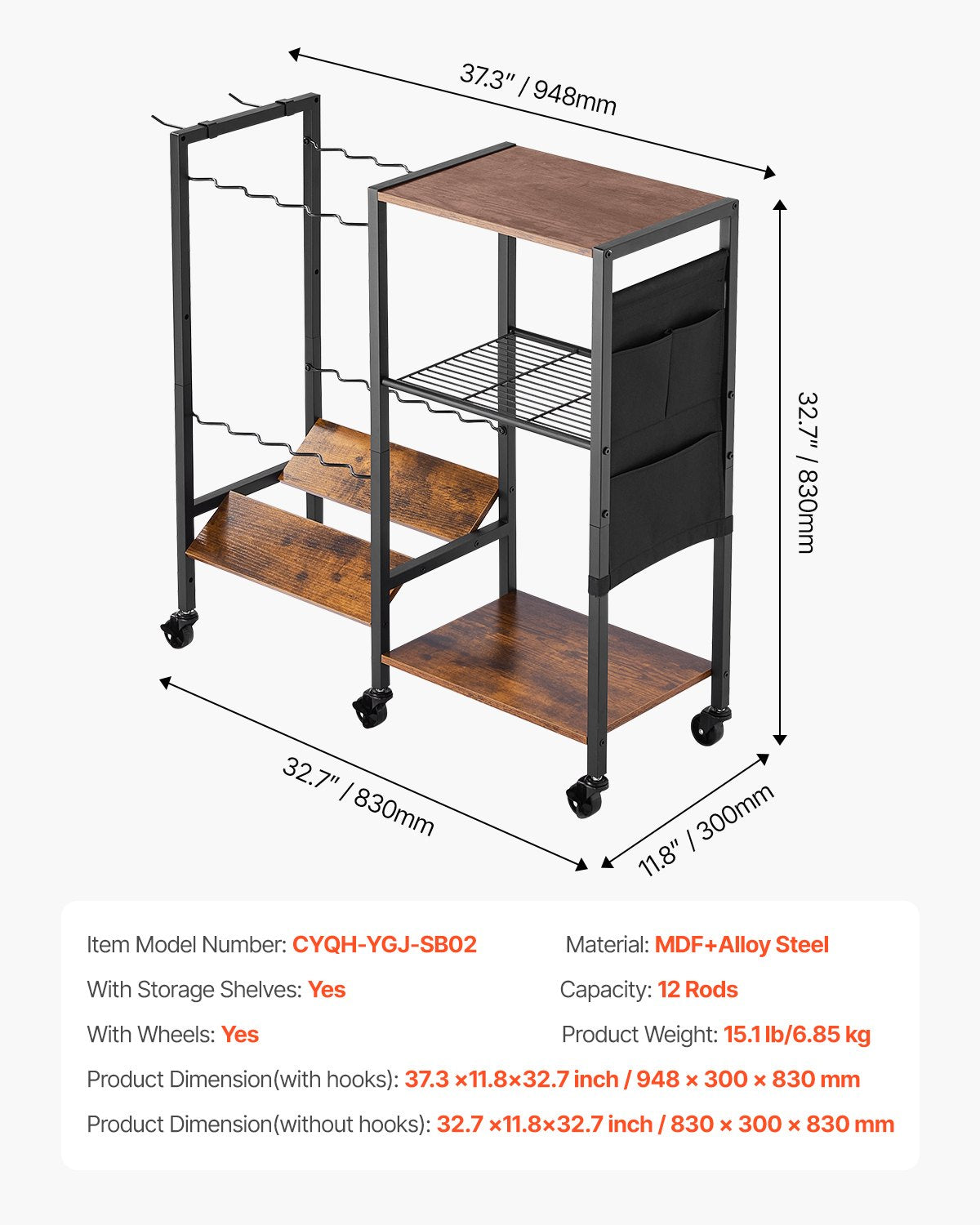 Fiskespöhållare för 12 spön, mobil spövagn med hjul, fiskeredskapsorganisatör för garage, inomhusbruk, för fiskeredskapslåda, förvaring av rulltillbehör, presenter till män