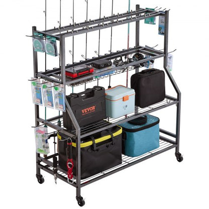 Fiskespöhållare för 15 spön, mobil spövagn med hjul, fiskeredskapsorganisatör för garage, inomhusbruk, för fiskeredskapslåda, förvaring av rulltillbehör, presenter till män