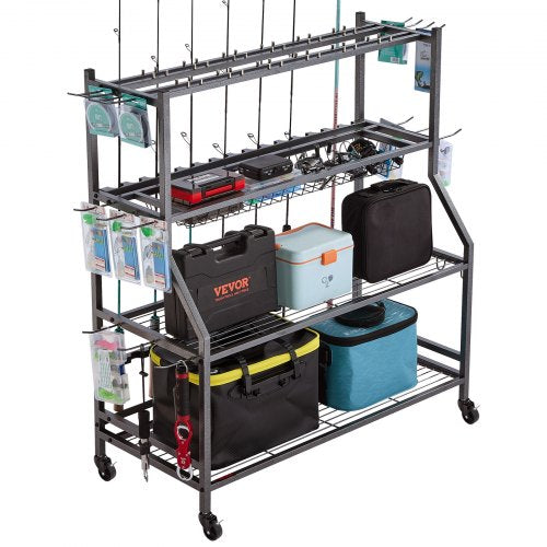 Fishing Rod Holder for 15-Rods, Mobile Fishing Pole Rack Cart with Wheels, Fish Gear Equipment Organizer for Garage Home Indoor Use, for Tackle Box Reel Accessories Storage, Gifts for Men