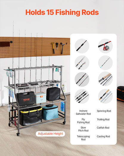 Fiskespöhållare för 15 spön, mobil spövagn med hjul, fiskeredskapsorganisatör för garage, inomhusbruk, för fiskeredskapslåda, förvaring av rulltillbehör, presenter till män