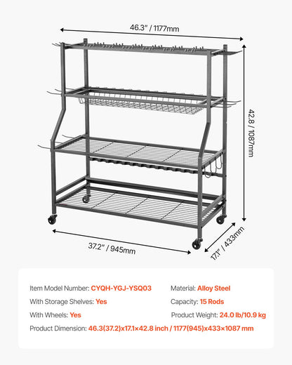 Fiskespöhållare för 15 spön, mobil spövagn med hjul, fiskeredskapsorganisatör för garage, inomhusbruk, för fiskeredskapslåda, förvaring av rulltillbehör, presenter till män