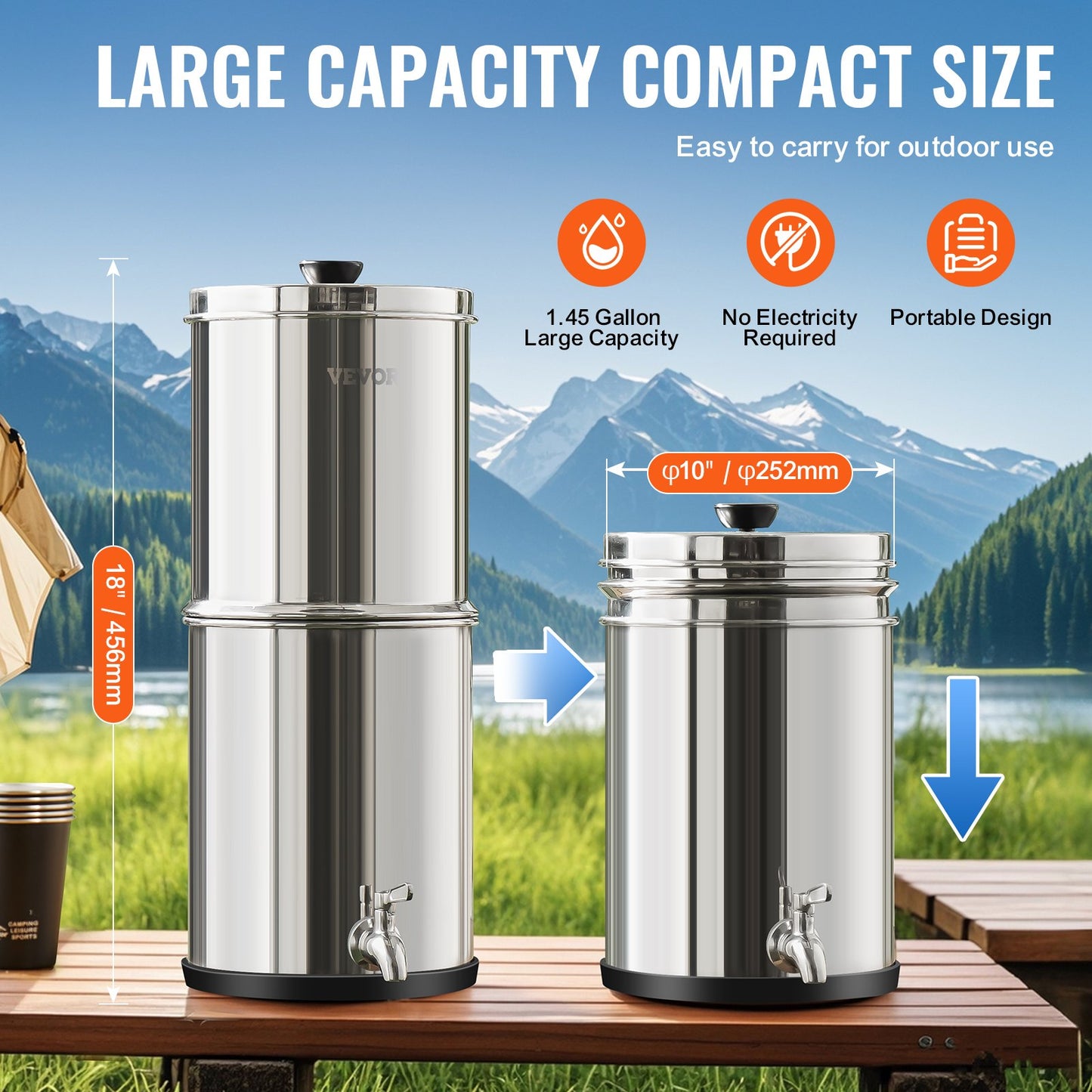 Gravity-fed Water Filter System, 1.5G 304 Stainless-Steel Countertop System, Water Filtration System, Reduces Lead and up to 99% of Chlorine, with 2 Carbon Filters & Spigot, for Home Camping RV