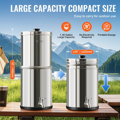 Gravity-fed Water Filter System, 1.5G 304 Stainless-Steel Countertop System, Water Filtration System, Reduces Lead and up to 99% of Chlorine, with 2 Carbon Filters & Spigot, for Home Camping RV