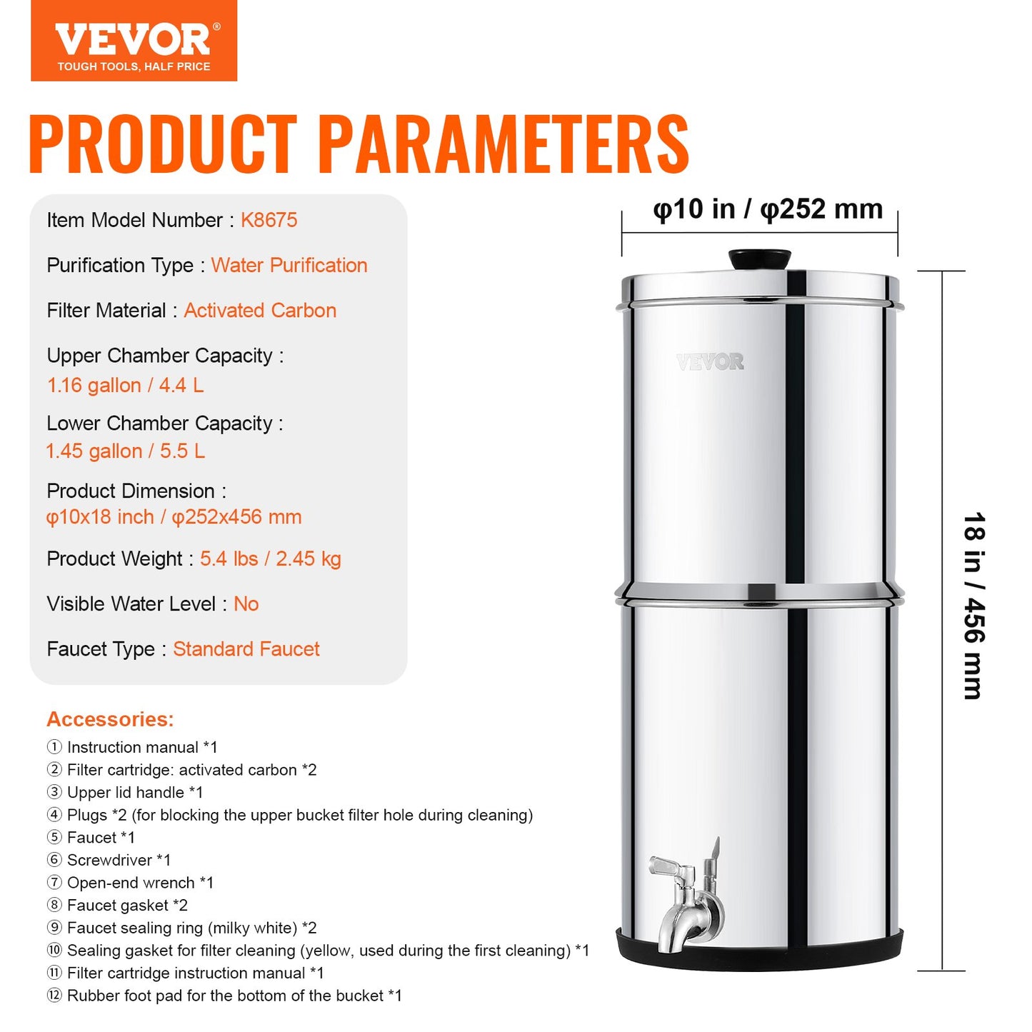 Gravity-fed Water Filter System, 1.5G 304 Stainless-Steel Countertop System, Water Filtration System, Reduces Lead and up to 99% of Chlorine, with 2 Carbon Filters & Spigot, for Home Camping RV