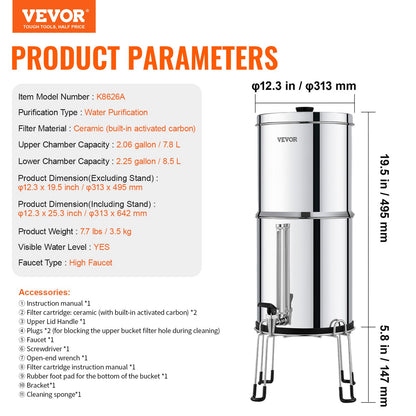 Gravity-fed Water Filter System, 2.25G 304 Stainless-Steel Countertop Water Filtration System, Reduces Lead and up to 99% of Chlorine, with 2 Ceramic Carbon Filters, Water Level Spigot, Stand