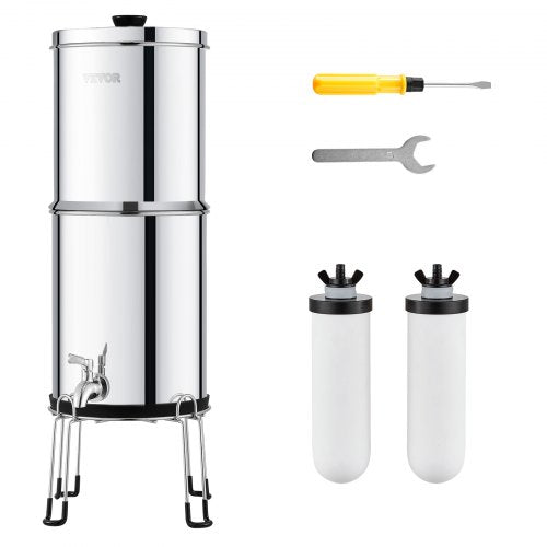 Gravity-fed Water Filter System, 2.25G 304 Stainless-Steel Countertop Water Filtration System, Reduces Lead and up to 99% of Chlorine, with 2 Ceramic Carbon Filters, Spigot, and Stand
