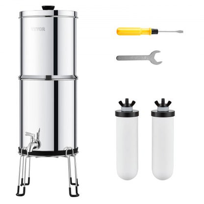 Gravity-fed Water Filter System, 2.25G 304 Stainless-Steel Countertop Water Filtration System, Reduces Lead and up to 99% of Chlorine, with 2 Ceramic Carbon Filters, Spigot, and Stand