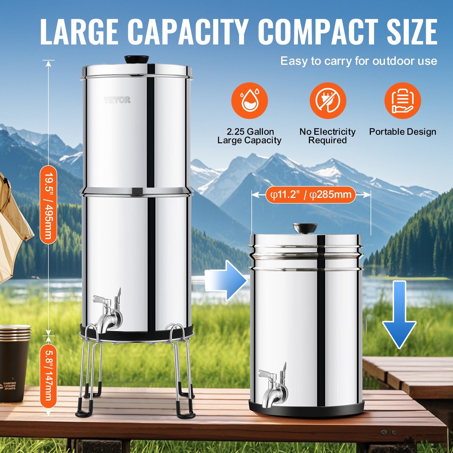 Gravity-fed Water Filter System, 2.25G 304 Stainless-Steel Countertop Water Filtration System, Reduces Lead and up to 99% of Chlorine, with 2 Ceramic Carbon Filters, Spigot, and Stand