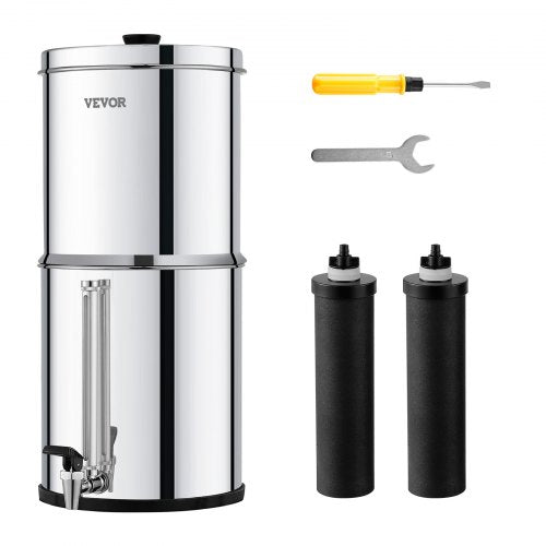 Gravity-fed Water Filter System, 2.25G 304 Stainless-Steel Countertop System, Water Filtration System, Reduces Lead and up to 99% of Chlorine, with 2 Carbon Filters, and Water Level Spigot