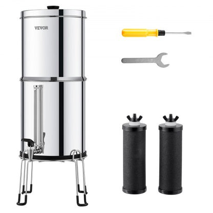 Gravity-fed Water Filter System, 2.25G 304 Stainless-Steel Countertop System, Water Filtration System, Reduces Lead and up to 99% of Chlorine, with 2 Carbon Filters, Water Level Spigot, Stand
