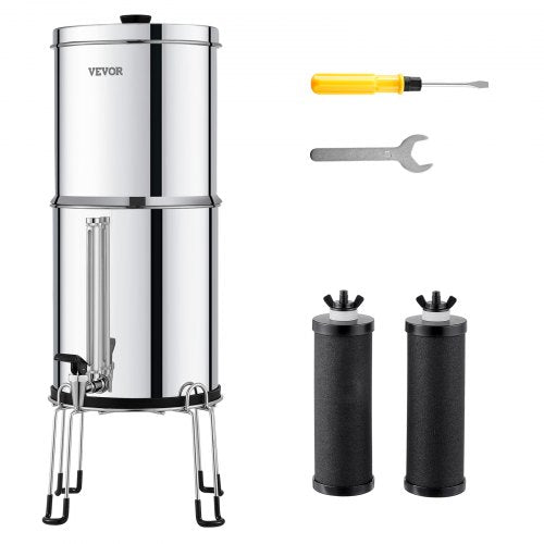 Gravity-fed Water Filter System, 2.25G 304 Stainless-Steel Countertop System, Water Filtration System, Reduces Lead and up to 99% of Chlorine, with 2 Carbon Filters, Water Level Spigot, Stand