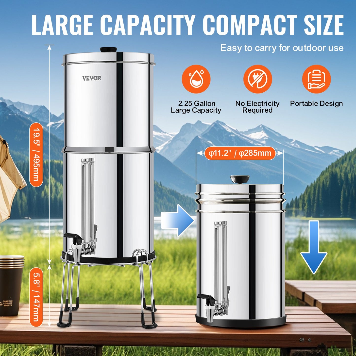 Gravity-fed Water Filter System, 2.25G 304 Stainless-Steel Countertop System, Water Filtration System, Reduces Lead and up to 99% of Chlorine, with 2 Carbon Filters, Water Level Spigot, Stand