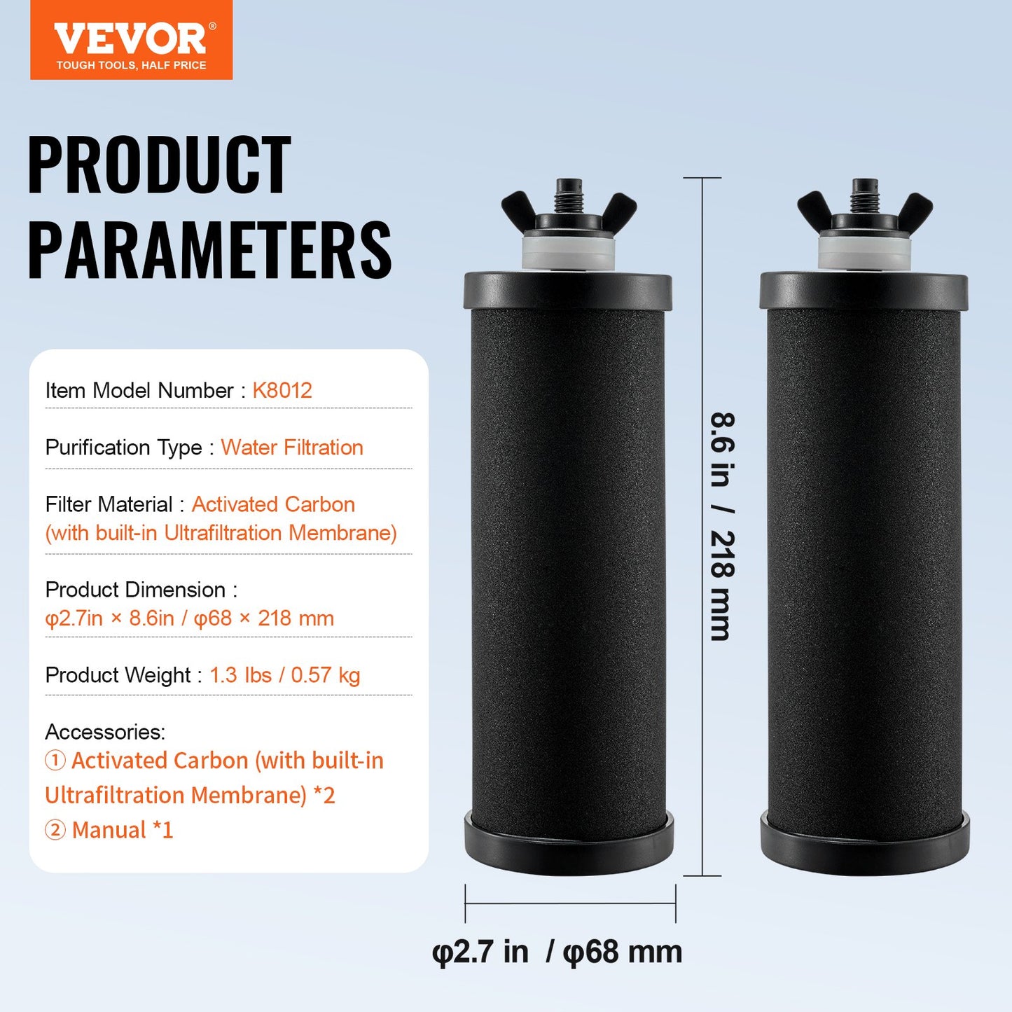 Water Filters Replacement, Purification Elements, Activated Carbon Replacement Filters, Easy to Replace Water Filter, Gravity Water Filter System, Compatible with Most Brands, Pack of 2, Black
