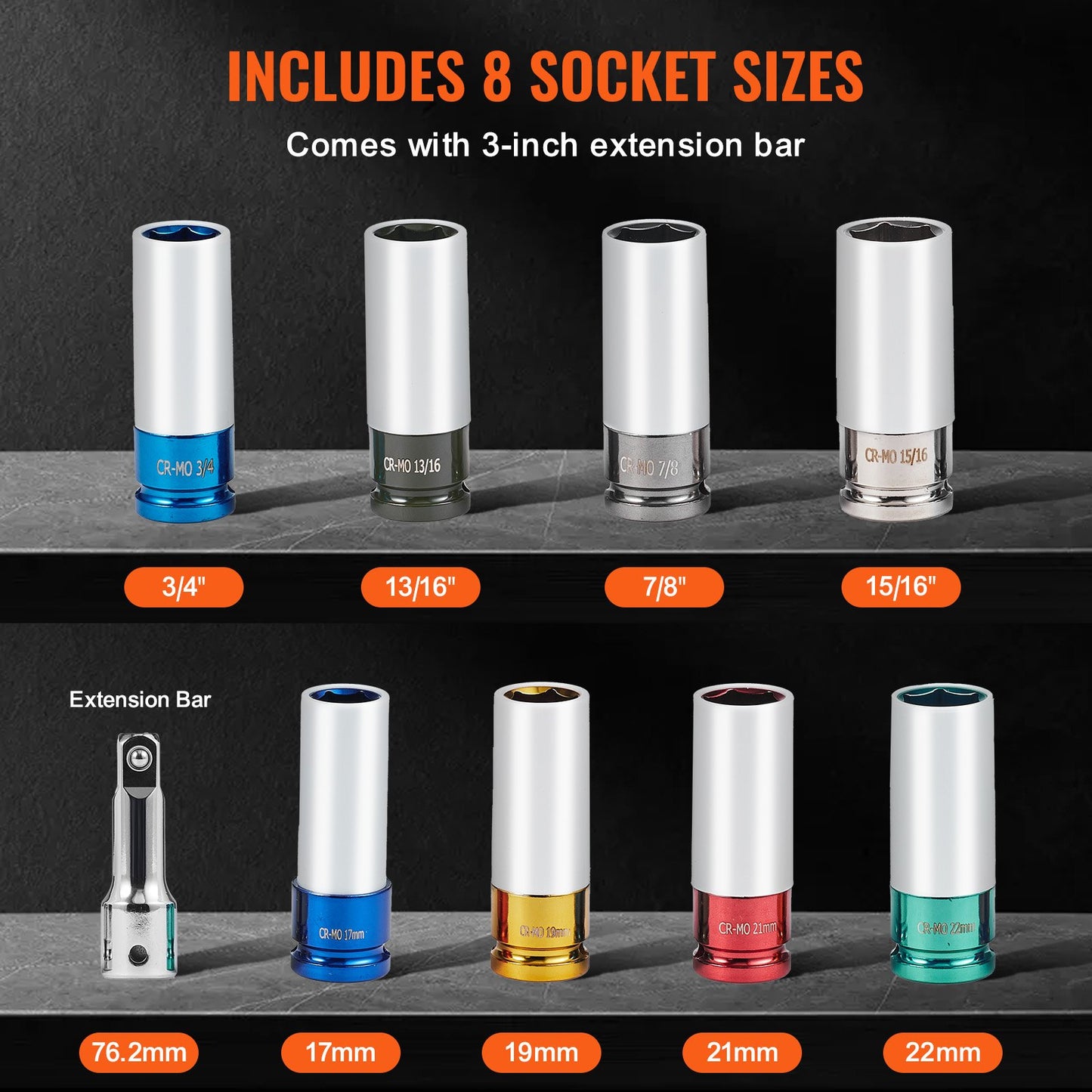 Lug Nut Impact Socket Set, 1/2 inch Drive Metric and SAE 6-Point Deep Socket Set, 8 Total Lug Nut Sizes, CR-MO Steel Wheel Socket Set with Storage Case and Extension Bar, for Auto Repair