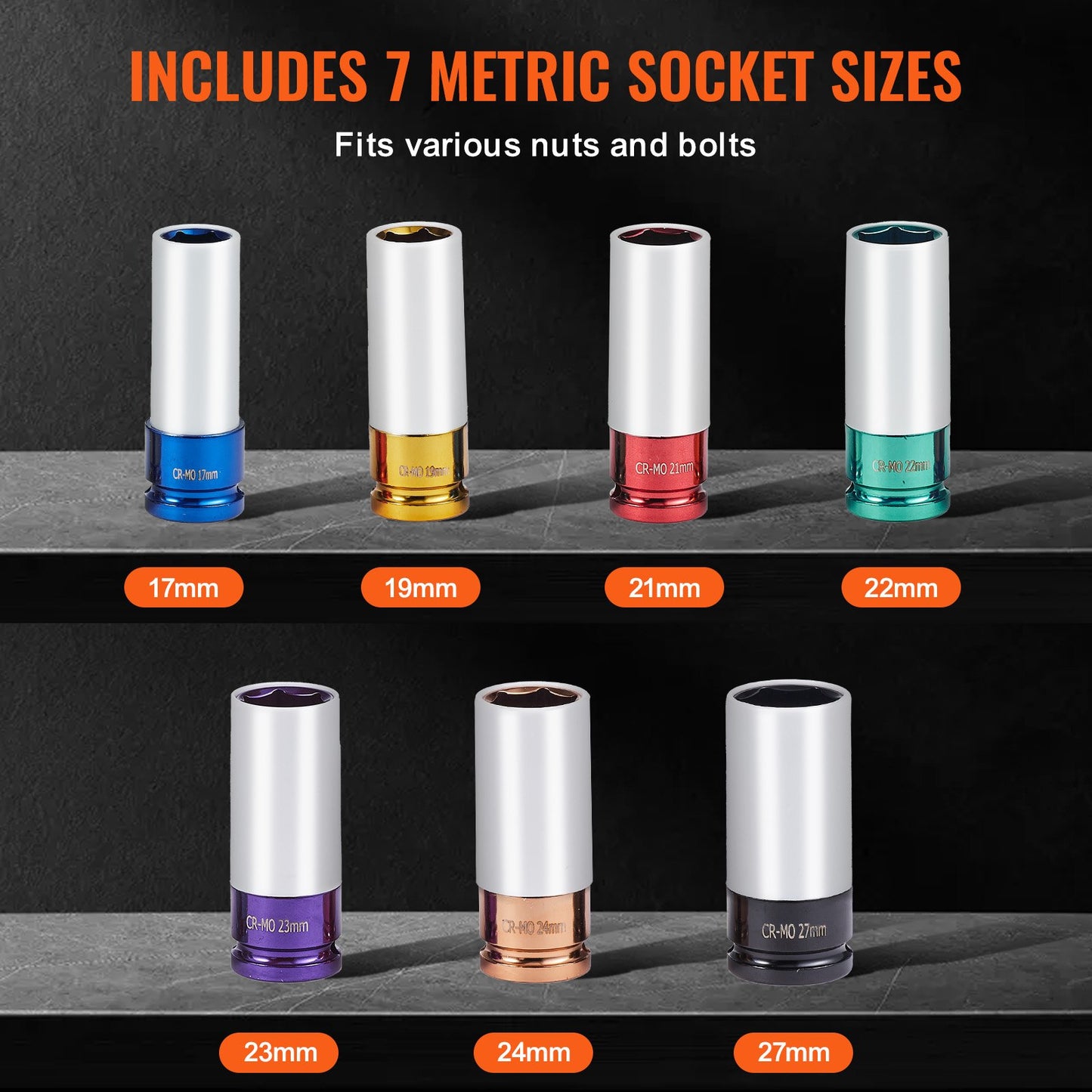 Lug Nut Impact Socket Set, 1/2 inch Drive Metric 6-Point Deep Socket Set, 7 Total Lug Nut Sizes 17/19/21/22/23/24/27mm, CR-MO Steel Wheel Socket Set with Storage Case, for Auto Repair