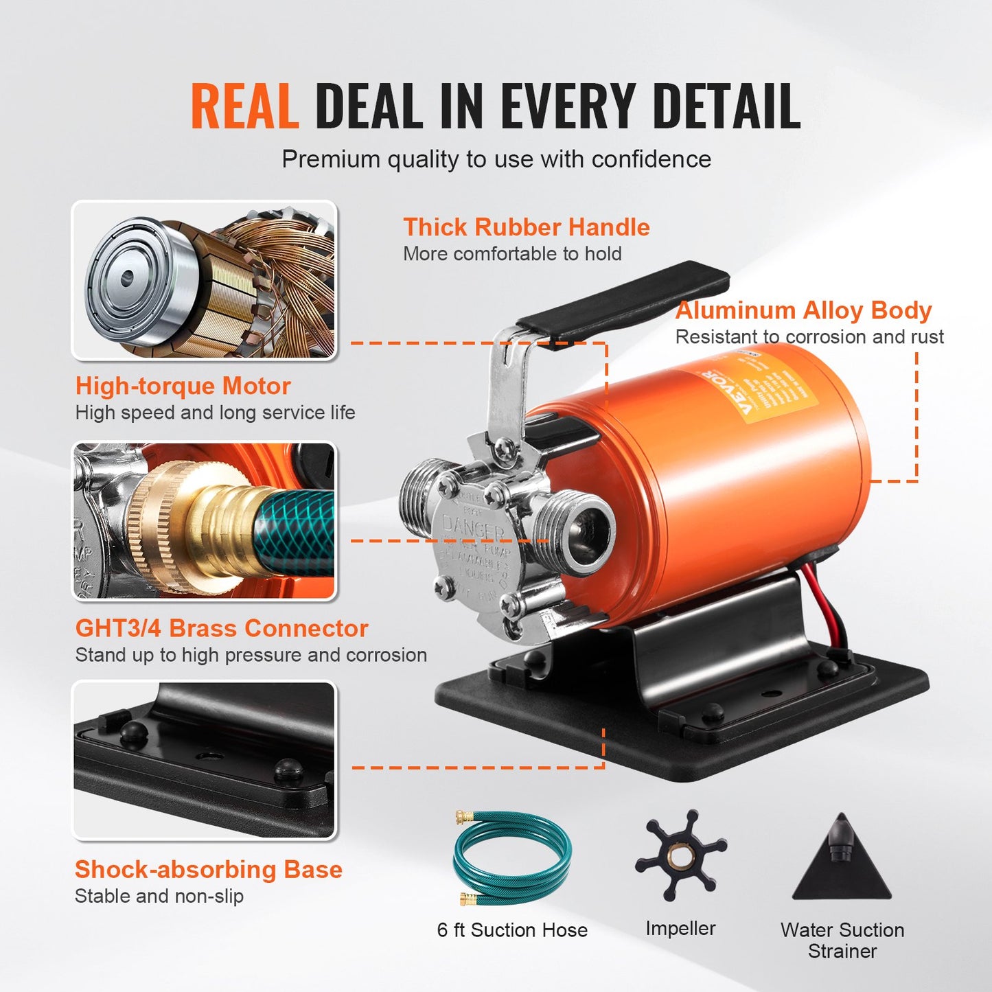 Vattenöverföringspump, 12V DC 23 L/min (360 GPH) 75W (1/10HP), bärbar elektrisk pump med 183 cm / 6 fot sugslangskit, impeller, sugsil, för trädgård, regntunna, pool, damm, bubbelpool, akvariumtömning