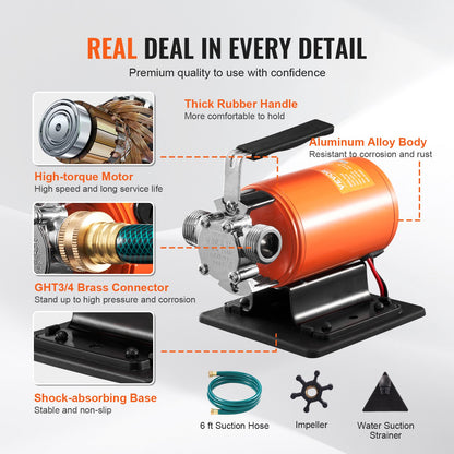 Vattenöverföringspump, 12V DC 23 L/min (360 GPH) 75W (1/10HP), bärbar elektrisk pump med 183 cm / 6 fot sugslangskit, impeller, sugsil, för trädgård, regntunna, pool, damm, bubbelpool, akvariumtömning
