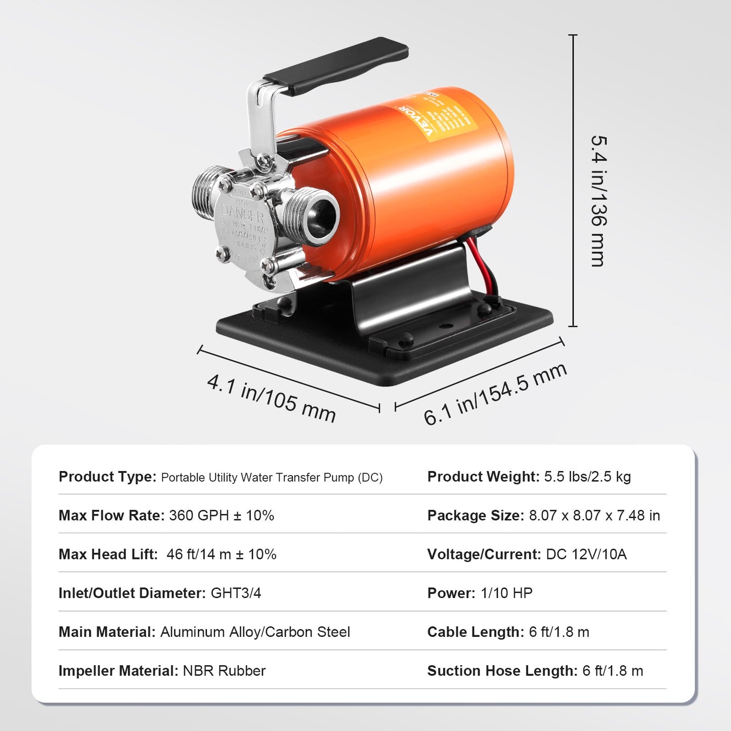 Vattenöverföringspump, 12V DC 23 L/min (360 GPH) 75W (1/10HP), bärbar elektrisk pump med 183 cm / 6 fot sugslangskit, impeller, sugsil, för trädgård, regntunna, pool, damm, bubbelpool, akvariumtömning