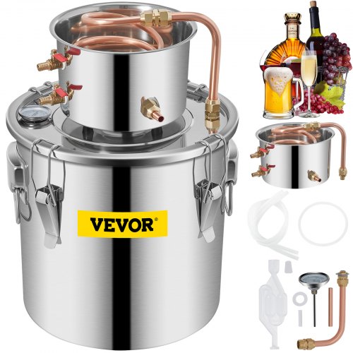 Hembräntstilldestilleri 3Gal vattendestilleri 12L rostfritt stål vattendestilleri kopparrör hembryggningssats inbyggd termometer för gör-det-själv whisky vin brandy silver