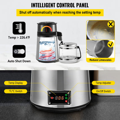 Silvervattendestillator 750W justerbar temperatur vattendestillator 4L vinbryggningsset bryggkit rostfritt stål inre destillator med justerbar temperatur för kök hem