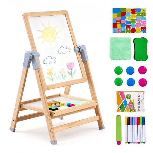 Art Easel for Kids, 2-in-1 Wooden Double-Sided Kid's Art Easel with Magnetic Whiteboard & Chalkboard, Adjustable Standing Rotatable Foldable Drawing Board with Painting Accessories for Boy Girl