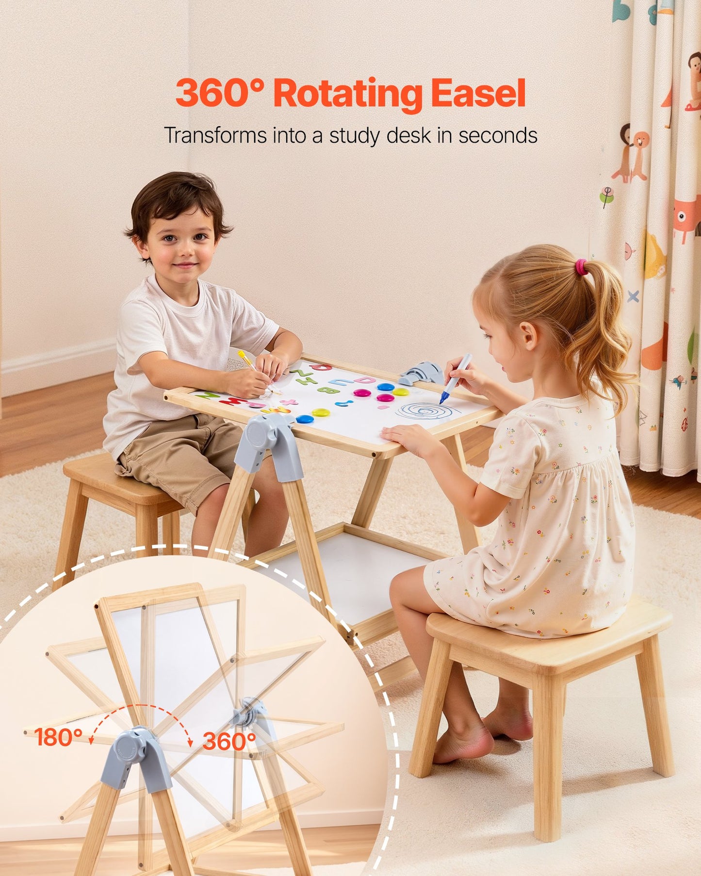 Art Easel for Kids, 2-in-1 Wooden Double-Sided Kid's Art Easel with Magnetic Whiteboard & Chalkboard, Adjustable Standing Rotatable Foldable Drawing Board with Painting Accessories for Boy Girl