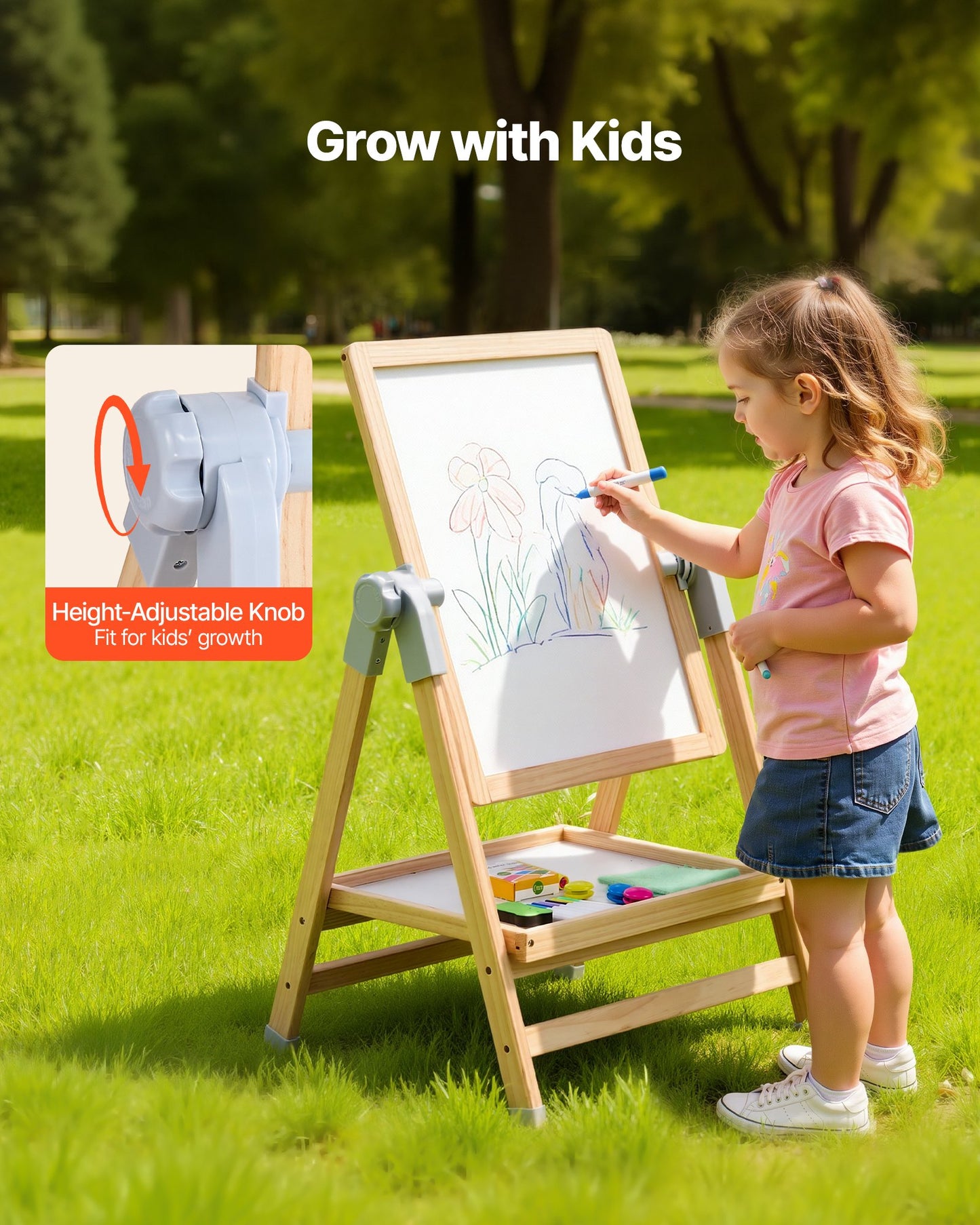 Art Easel for Kids, 2-in-1 Wooden Double-Sided Kid's Art Easel with Magnetic Whiteboard & Chalkboard, Adjustable Standing Rotatable Foldable Drawing Board with Painting Accessories for Boy Girl