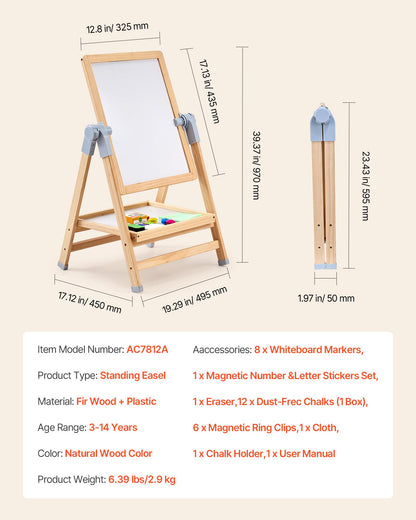 Art Easel for Kids, 2-in-1 Wooden Double-Sided Kid's Art Easel with Magnetic Whiteboard & Chalkboard, Adjustable Standing Rotatable Foldable Drawing Board with Painting Accessories for Boy Girl