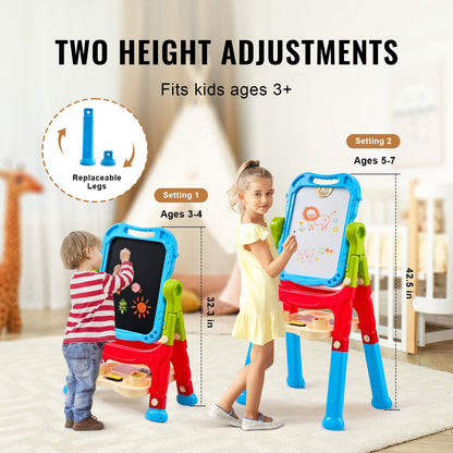 Art Easel for Kids, 2-in-1 Double-Sided Kid's Art Easel with Magnetic Whiteboard & Chalkboard, Adjustable Standing Rotatable Removable Drawing Board with Painting Accessories for Boys and Girls