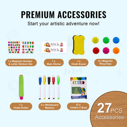 Art Easel for Kids, 2-in-1 Double-Sided Kid's Art Easel with Magnetic Whiteboard & Chalkboard, Adjustable Standing Rotatable Removable Drawing Board with Painting Accessories for Boys and Girls