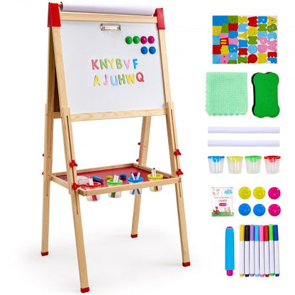 Art Easel for Kids, 3-in-1 Wooden Double-Sided Kid's Art Easel with Magnetic Whiteboard, Chalkboard & Paper Roll, Adjustable Standing Drawing Board with Painting Accessories for Boys and Girls