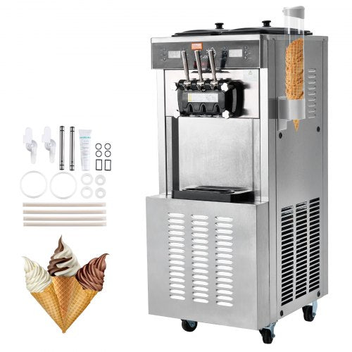 Commercial Ice Cream Machine, 34-44 L/H Yield, 1850W 3-Flavor Freestanding Soft Serve Ice Cream Maker, 2 x 9L Stainless Steel Hopper, LED Panel Allows Single Cylinder Use Overnight Refrigeration