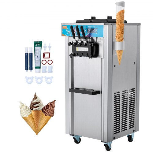 Commercial Ice Cream Machine, 21-31 L/H Yield, 1500W 3-Flavor Freestanding Soft Serve Ice Cream Maker, 2 x 5.5L Stainless Steel Cylinder, LED Panel Auto Clean Pre-cooling, for Restaurant Bars