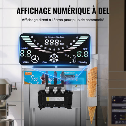 Kommersiell glassmaskin, 21–31 l/h kapacitet, 1500 W fristående mjukglassmaskin med 3 smaker, 2 x 5,5 l cylinder i rostfritt stål, LED-panel med automatisk rengöring och förkylning, för restaurangbarer
