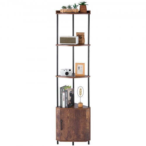 5 Tier Corner Shelf, Tall Corner Stand with LED Light and Doors, Wall Shelves Tower Storage Organizer, Metal Frame & Wooden Shelves, Narrow Display Book Shelf Rack for Home, Office, Rustic Brown