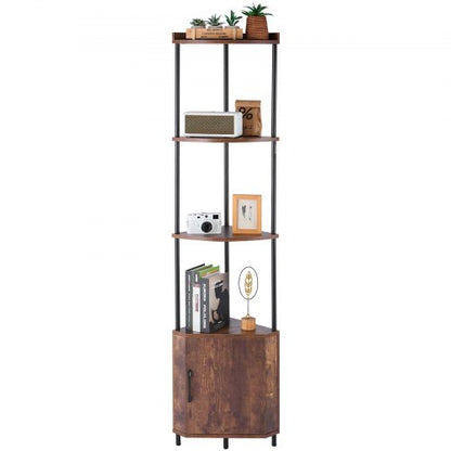 5 Tier Corner Shelf, Tall Corner Stand with LED Light and Doors, Wall Shelves Tower Storage Organizer, Metal Frame & Wooden Shelves, Narrow Display Book Shelf Rack for Home, Office, Rustic Brown