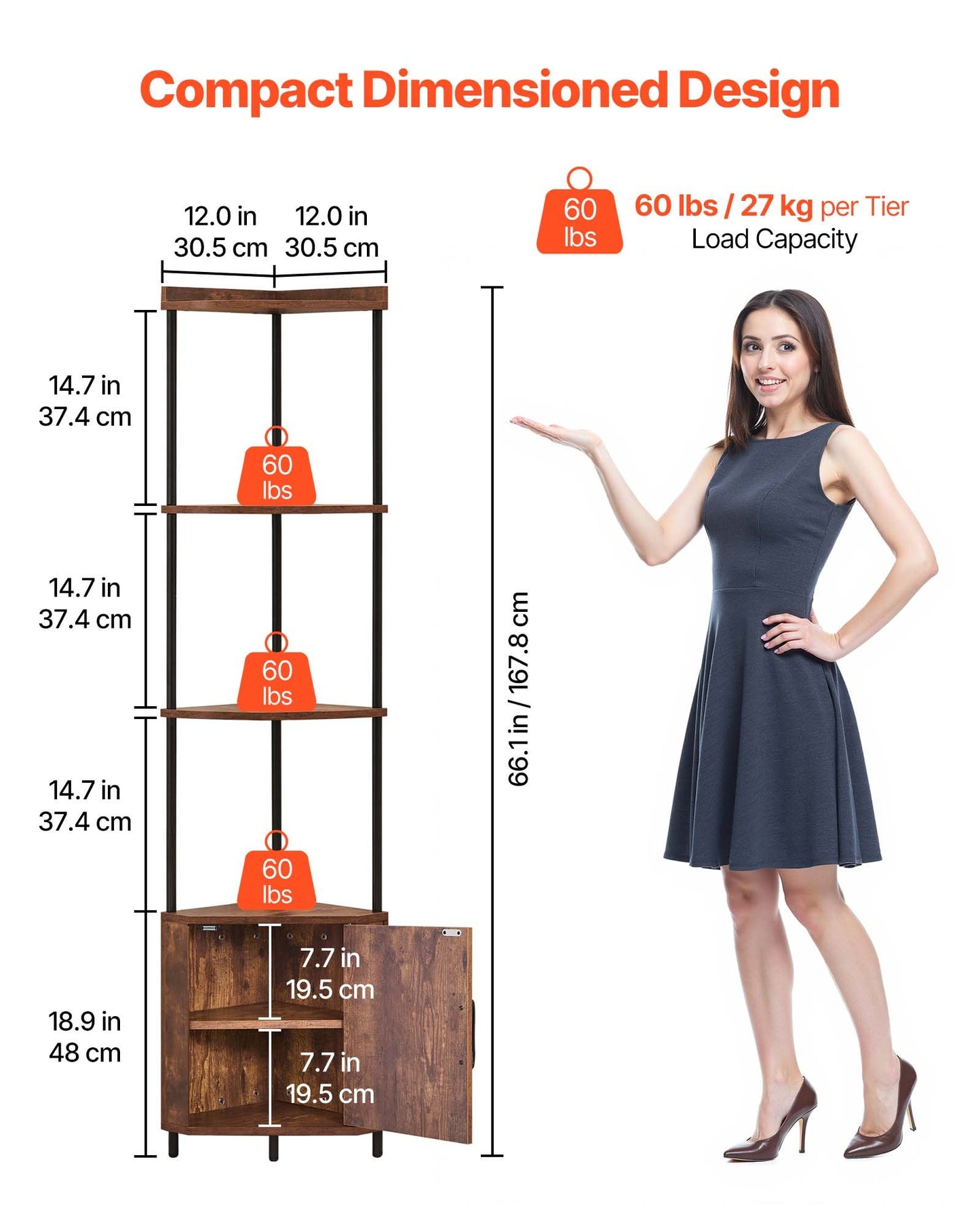 5 Tier Corner Shelf, Tall Corner Stand with LED Light and Doors, Wall Shelves Tower Storage Organizer, Metal Frame & Wooden Shelves, Narrow Display Book Shelf Rack for Home, Office, Rustic Brown