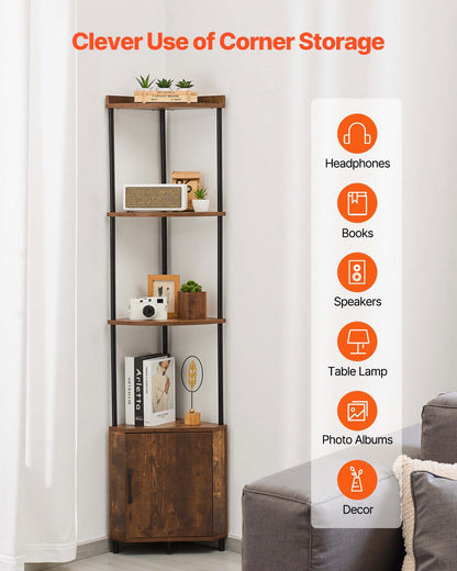 5 Tier Corner Shelf, Tall Corner Stand with LED Light and Doors, Wall Shelves Tower Storage Organizer, Metal Frame & Wooden Shelves, Narrow Display Book Shelf Rack for Home, Office, Rustic Brown