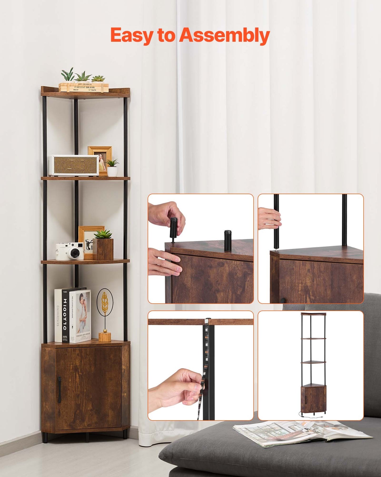 5 Tier Corner Shelf, Tall Corner Stand with LED Light and Doors, Wall Shelves Tower Storage Organizer, Metal Frame & Wooden Shelves, Narrow Display Book Shelf Rack for Home, Office, Rustic Brown