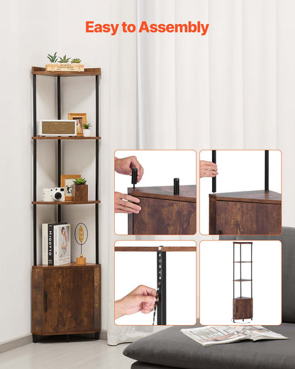 5 Tier Corner Shelf, Tall Corner Stand with LED Light and Doors, Wall Shelves Tower Storage Organizer, Metal Frame & Wooden Shelves, Narrow Display Book Shelf Rack for Home, Office, Rustic Brown