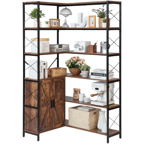 6 Tier Corner Bookshelf, Tall Corner Bookcase Storage with Doors, Large L-Shaped Bookshelf Organizer with Metal Frame & Adjustable Shelves, Display Book Shelf Rack for Home, Office