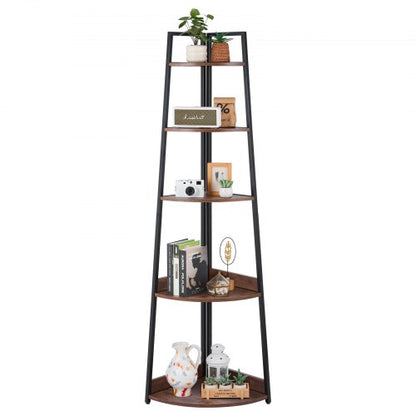 5 Tier Corner Shelf, Tall Corner Bookshelf Plant Rack, Wall Shelves Tower Storage Organizer with Metal Frame & Wooden Shelves, Narrow Display Book Shelf Rack for Bedroom, Living Room, Office