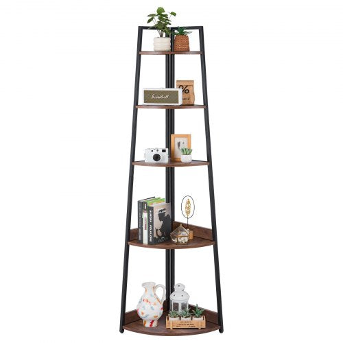 5 Tier Corner Shelf, Tall Corner Bookshelf Plant Rack, Wall Shelves Tower Storage Organizer with Metal Frame & Wooden Shelves, Narrow Display Book Shelf Rack for Bedroom, Living Room, Office