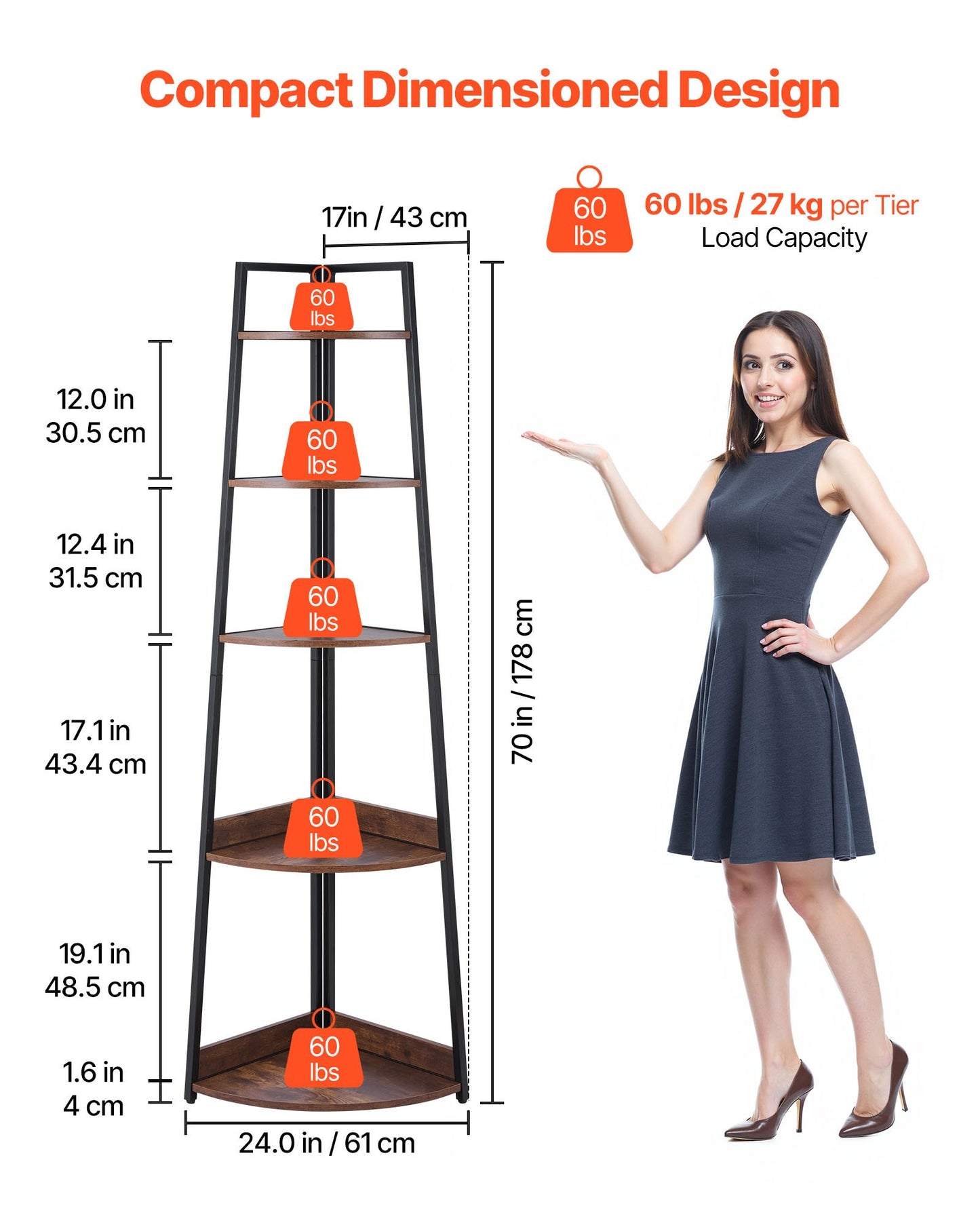 5 Tier Corner Shelf, Tall Corner Bookshelf Plant Rack, Wall Shelves Tower Storage Organizer with Metal Frame & Wooden Shelves, Narrow Display Book Shelf Rack for Bedroom, Living Room, Office