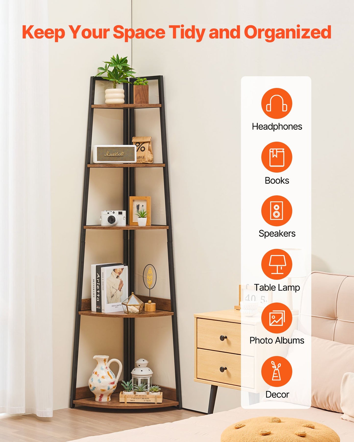 5 Tier Corner Shelf, Tall Corner Bookshelf Plant Rack, Wall Shelves Tower Storage Organizer with Metal Frame & Wooden Shelves, Narrow Display Book Shelf Rack for Bedroom, Living Room, Office