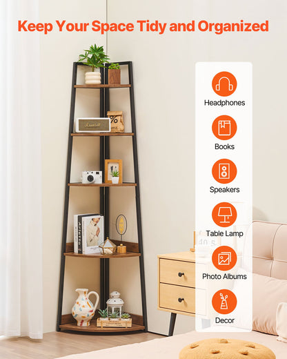 5 Tier Corner Shelf, Tall Corner Bookshelf Plant Rack, Wall Shelves Tower Storage Organizer with Metal Frame & Wooden Shelves, Narrow Display Book Shelf Rack for Bedroom, Living Room, Office
