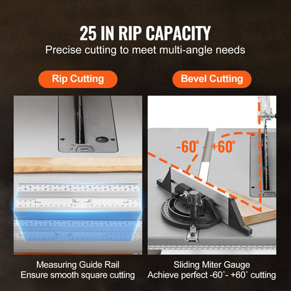 25.4 cm Table Saw w/ Stand Electric Cutting Machine 4800RPM 63.5 cm Rip Capacity