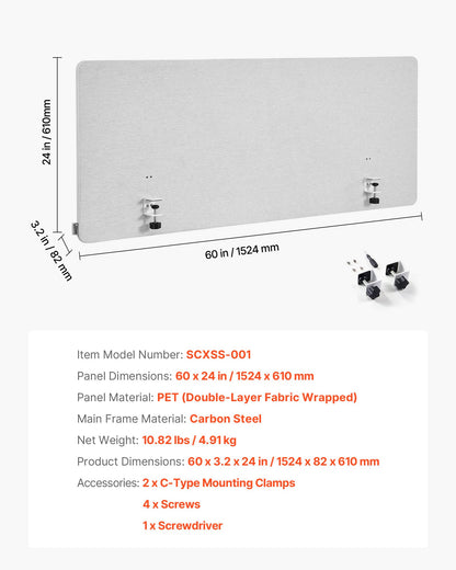 Desk Divider Privacy Panel, 1524 x 610 mm Clamp-on Office Desk Partition, PET Cubicle Partition Panel, Workstation Privacy Divider with 2 C-Type Clamps for Office, Sturdy Room, Library